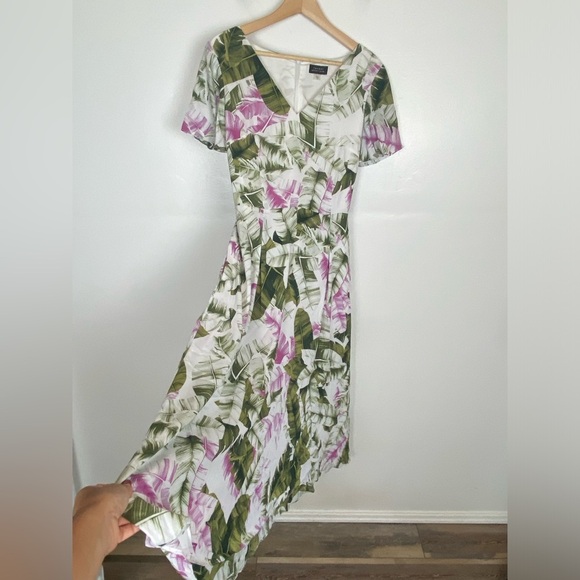 Tahari By Arthur S Levine Floral High Low Midi Dress Sz 12 Pleated Side Pockets - Picture 6 of 16